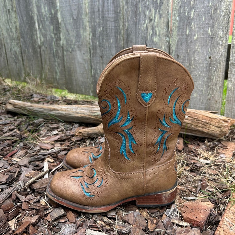 Roper Kids Brown Turquoise Glitter Inlay Western Cowgirl Boots S~ 12 09-018-1901
